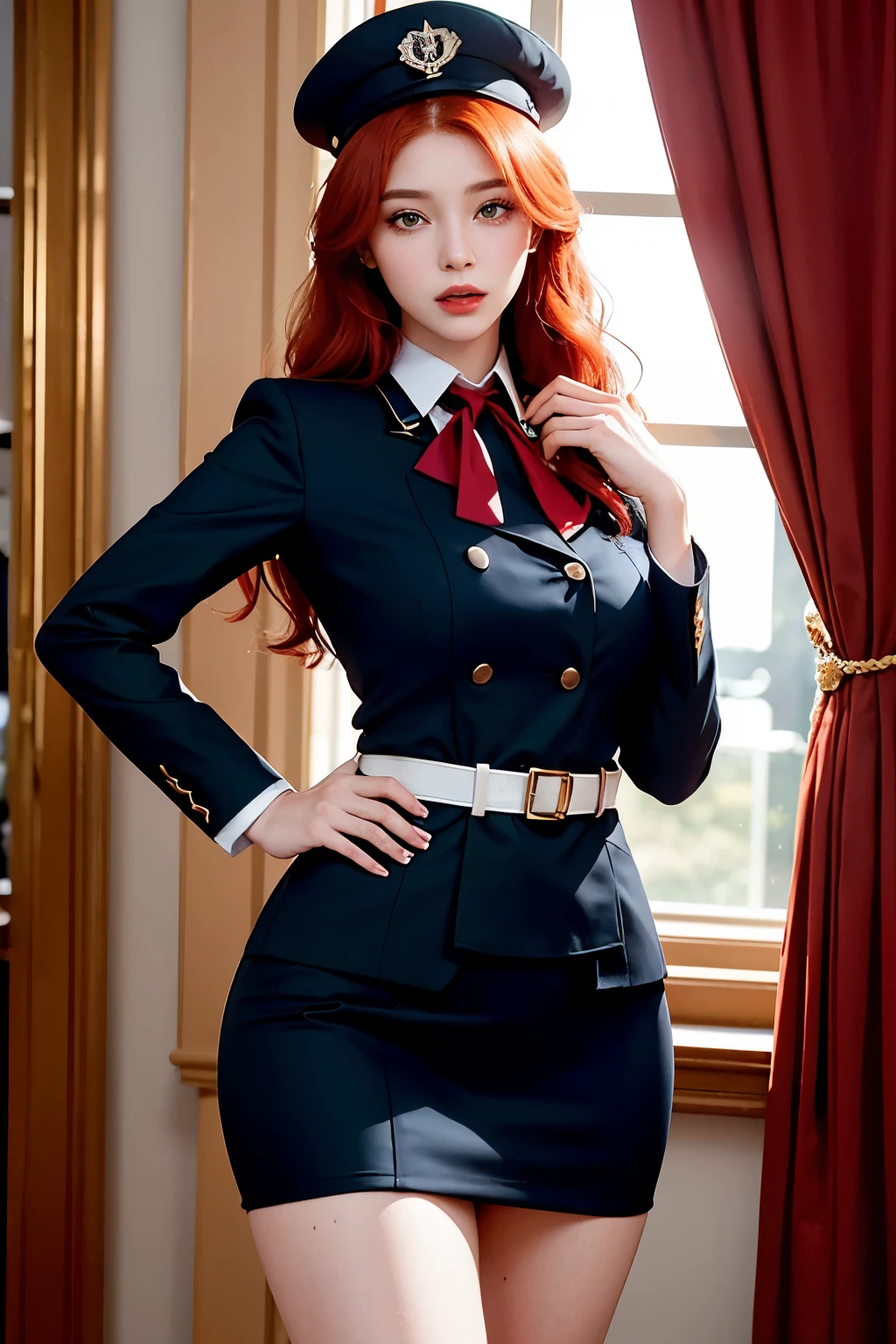 Train stewardess with fiery red hair, exuding sexiness, dons a form-fitting uniform. Her radiant face is accentuated by her luxurious red curls, framing her captivating features. The uniform, a vibrant red, clings to her body, highlighting her hourglass figure. Her eyes sparkle with a playful allure, their deep hue contrasting beautifully with her fiery tresses. The uniform, complete with a hat perched atop her head, adds an air of professionalism to her sultry persona.