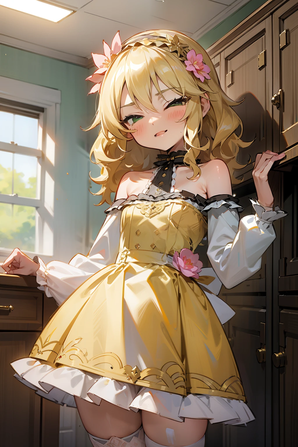 masterpiece,best quality, ultra-detailed,1girl(sakurai momoka, lovely small breasts, wavy hair,blonde hair, headband, pink flower in hair,green eyes, half-closed eyes), evil face, smirk, parted lips,
facing viewer , looking at viewer, solo, gold dress(ornate dress), frill, bare shoulders, frill, white lace thighhighs, in the locker room, standing, Sexy waist teasing,