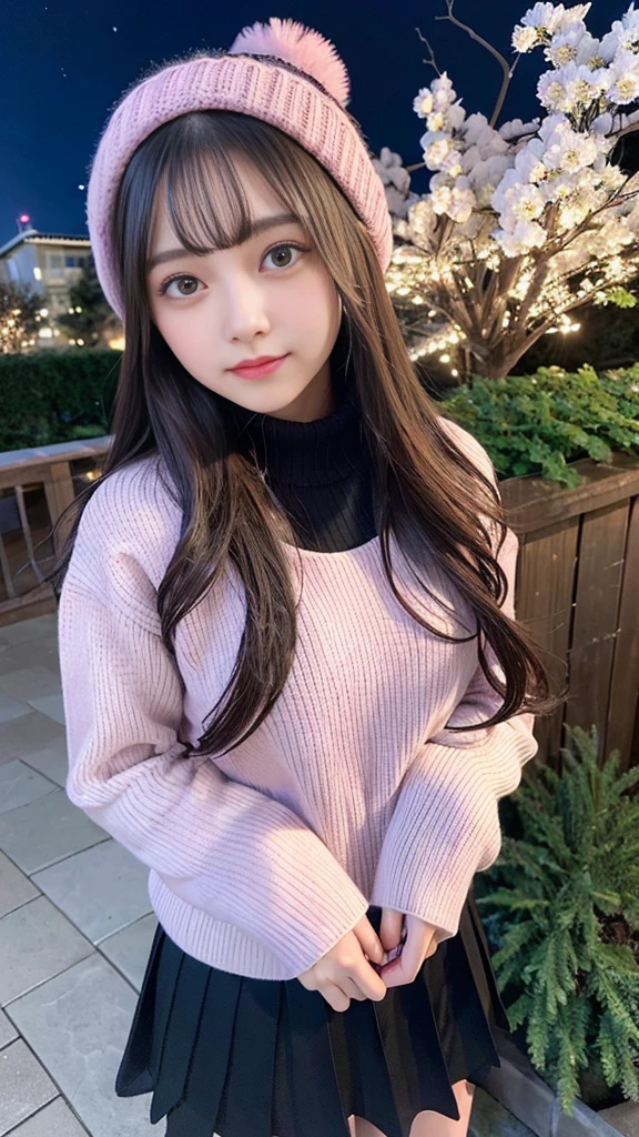 rampant beauty of the winter,outdoors,park,night sky ADDCOMM
ADDCOL
ADDCOL blue moon
ADDROW snow
ADDCOL snowing
ADDCOL snowing
ADDROW pink primula flowers
ADDCOL 1girl,long hair,black hair,swept bangs:1.3,green eyes,mole under left eye:1.3,black pupils,medium breasts,pink heart hair accessory,winter clothes,sweater,beanie hat,long sleeves,scarf,turtleneck,sleeves past wrists,ribbed sweater
ADDCOL
ADDROW pink primula flowers
ADDCOL 1girl,pleated skirt
ADDCOL
(masterpiece:1.2), (best Quality:1.2)