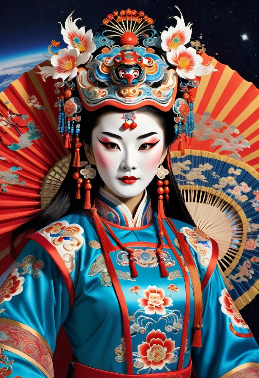 Inside the International Space Station, an astronaut, an exquisite Peking Opera mask, a space suit with exquisite traditional Chinese embroidery, and traditional Chinese accessories. Behind her is an unfolded Chinese fan with Painted with traditional artistic patterns, exquisite and detailed