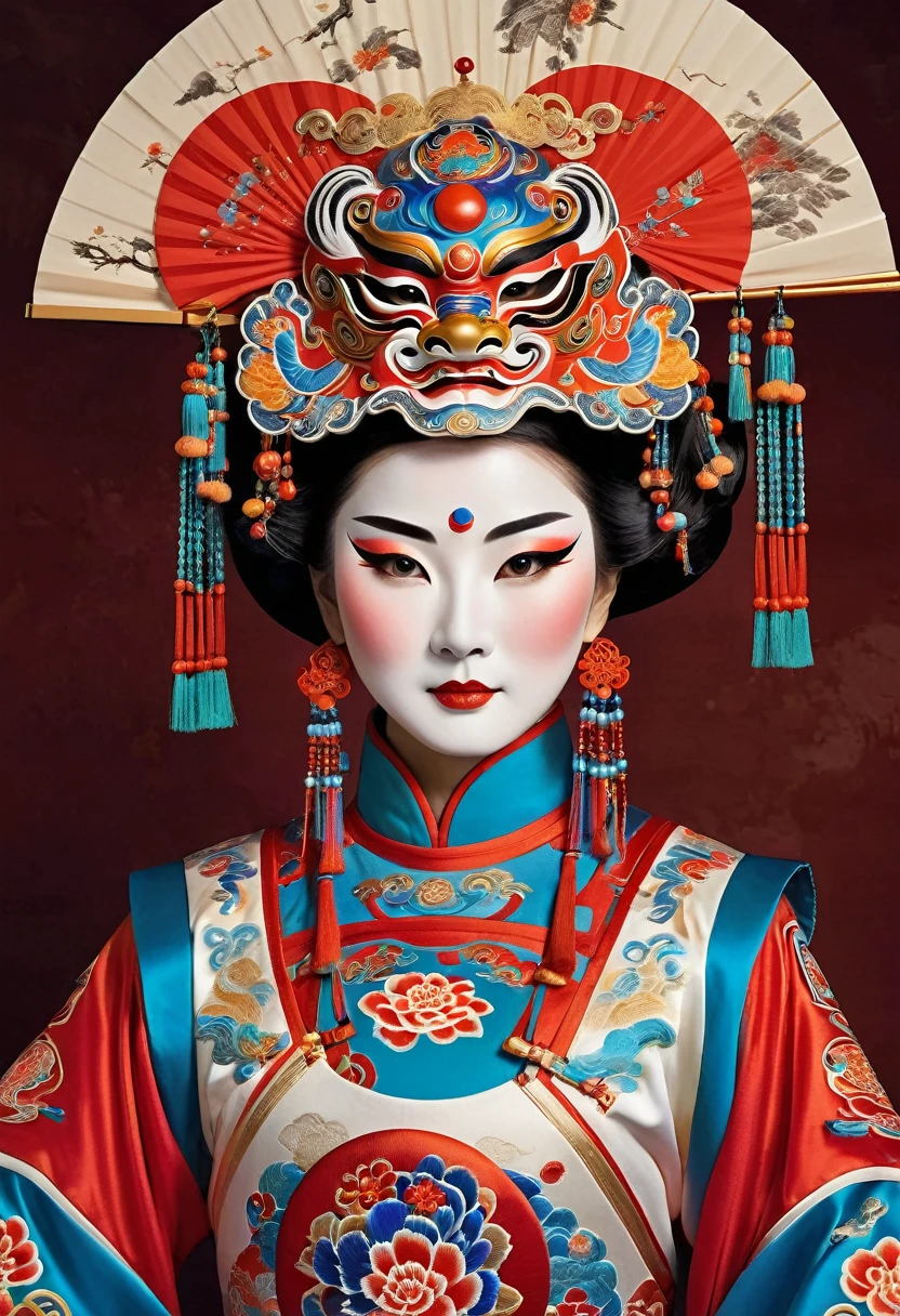 Inside the International Space Station, an astronaut, an exquisite Peking Opera mask, a space suit with exquisite traditional Chinese embroidery, and traditional Chinese accessories. Behind her is an unfolded Chinese fan with Painted with traditional artistic patterns, exquisite and detailed