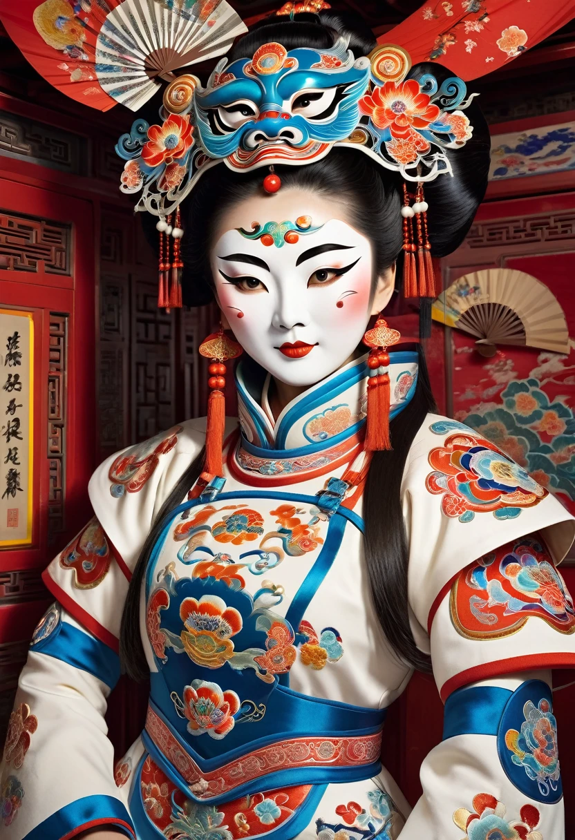 Inside the International Space Station, an astronaut, an exquisite Peking Opera mask, a space suit with exquisite traditional Chinese embroidery, and traditional Chinese accessories. Behind her is an unfolded Chinese fan with Painted with traditional artistic patterns, exquisite and detailed