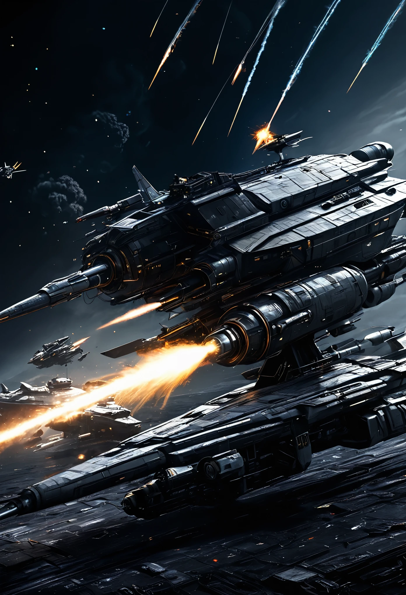(((best quality))),(((ultra detailed))),(((masterpiece))),illustration,space battle,futuristic spacecrafts,sleek design,powerful cannon,determined pilots,battered ship,erratic weapon fire,dark background,flashes of weapons fire,engine trails,intense battle,hypnotic effect,survival stakes,excitement,tension,human ingenuity,exploration risks,sacrifices,raw power,indomitable spirit,unknown frontier