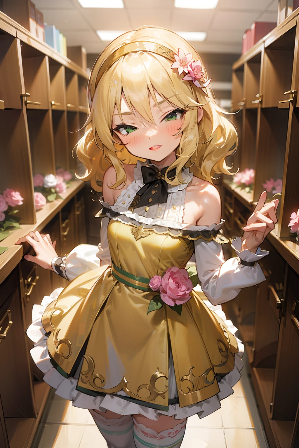 masterpiece,best quality, ultra-detailed,1girl(sakurai momoka, lovely small breasts, wavy hair,blonde hair, headband,  pink flower in hair,green eyes,  half-closed eyes), evil face, smirk, parted lips, 
facing viewer , looking at viewer, solo, gold dress(ornate dress), bare shoulders, frill, bows, white lace thighhighs, in the locker room, standing,  Sexy waist teasing, 