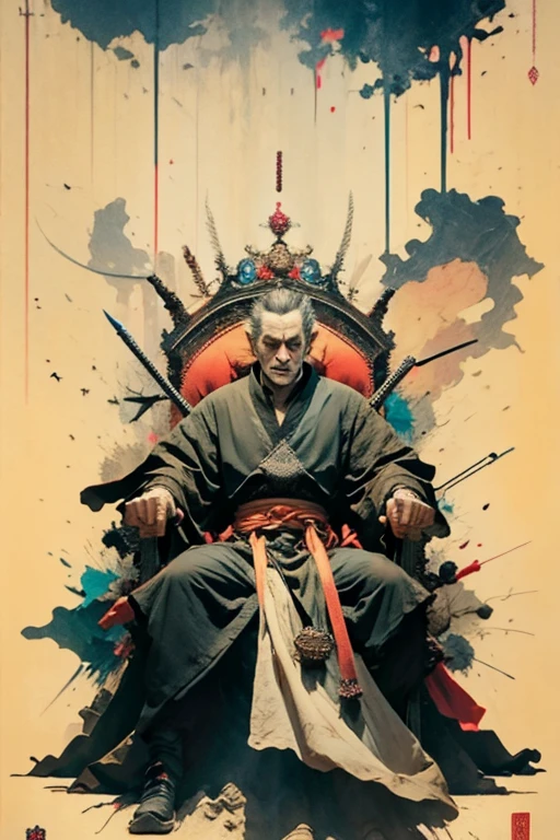 Masterpiece, Ultra-Detailed portrait, detailed illustration, high quality, high resolution 16k man in a crown sits on a throne with a sword, the great stokor king, lord of hell on the throne, The Medieval Old King, King Richard the Lionheart, the king of death, The King of Hell, Richard IV king of Rome, Sitting on the Iron Throne, Anato Finnstark!!, Robert De Niro as Medieval Joker, Jaime Lannister, cloud,colorful, ink