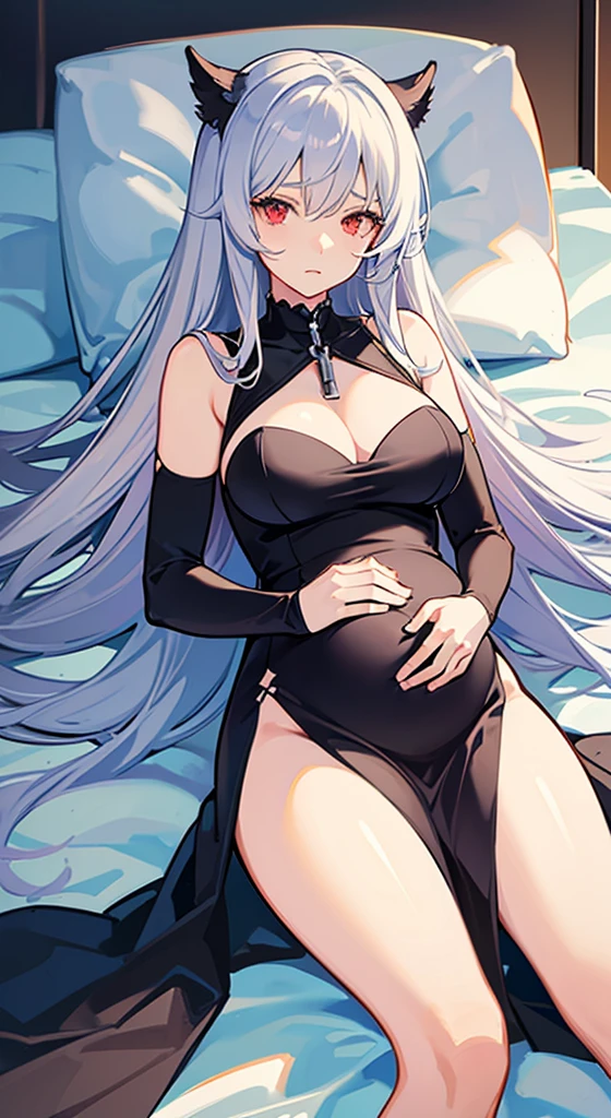 one pregnant anime girl with white hair and red eyes, chained and laying on a bed. Sad. breast feeding