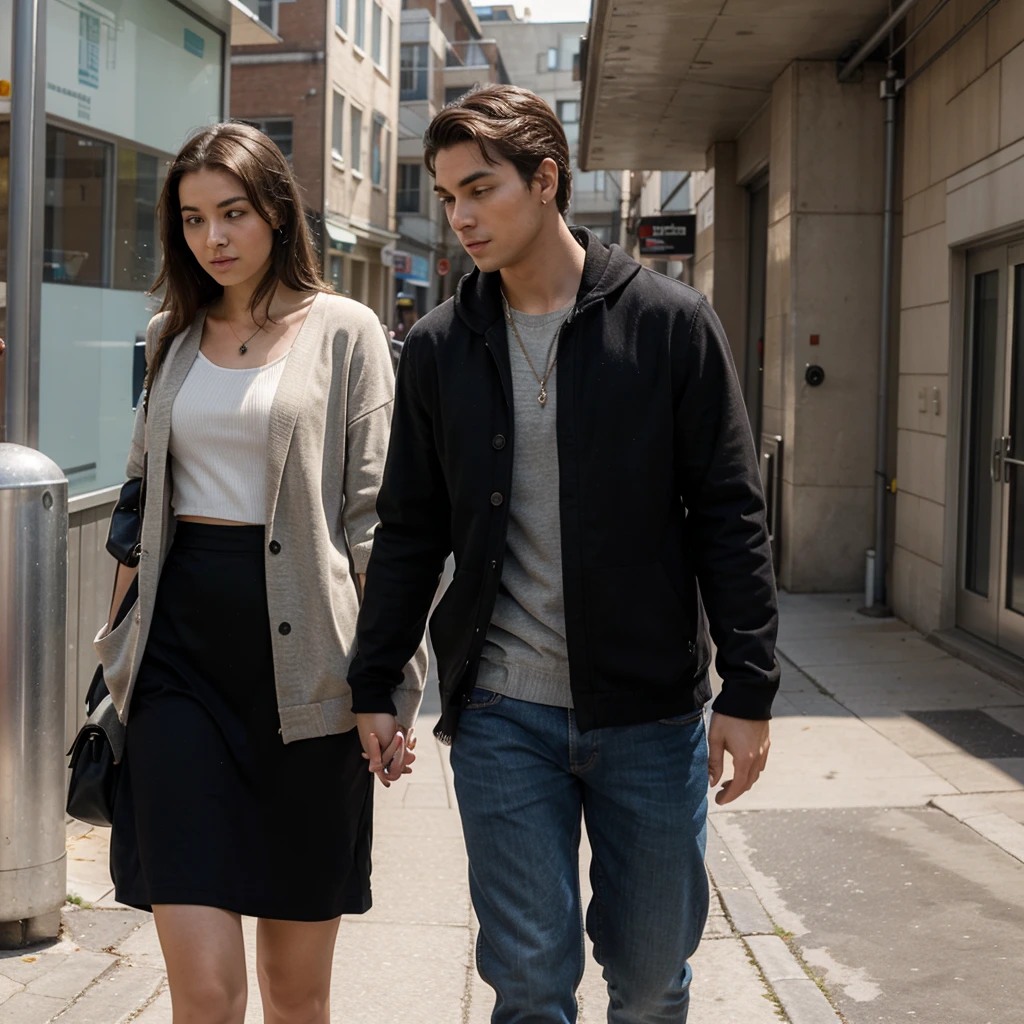 Pair, realism, stand upright, faces clearly, holding hands