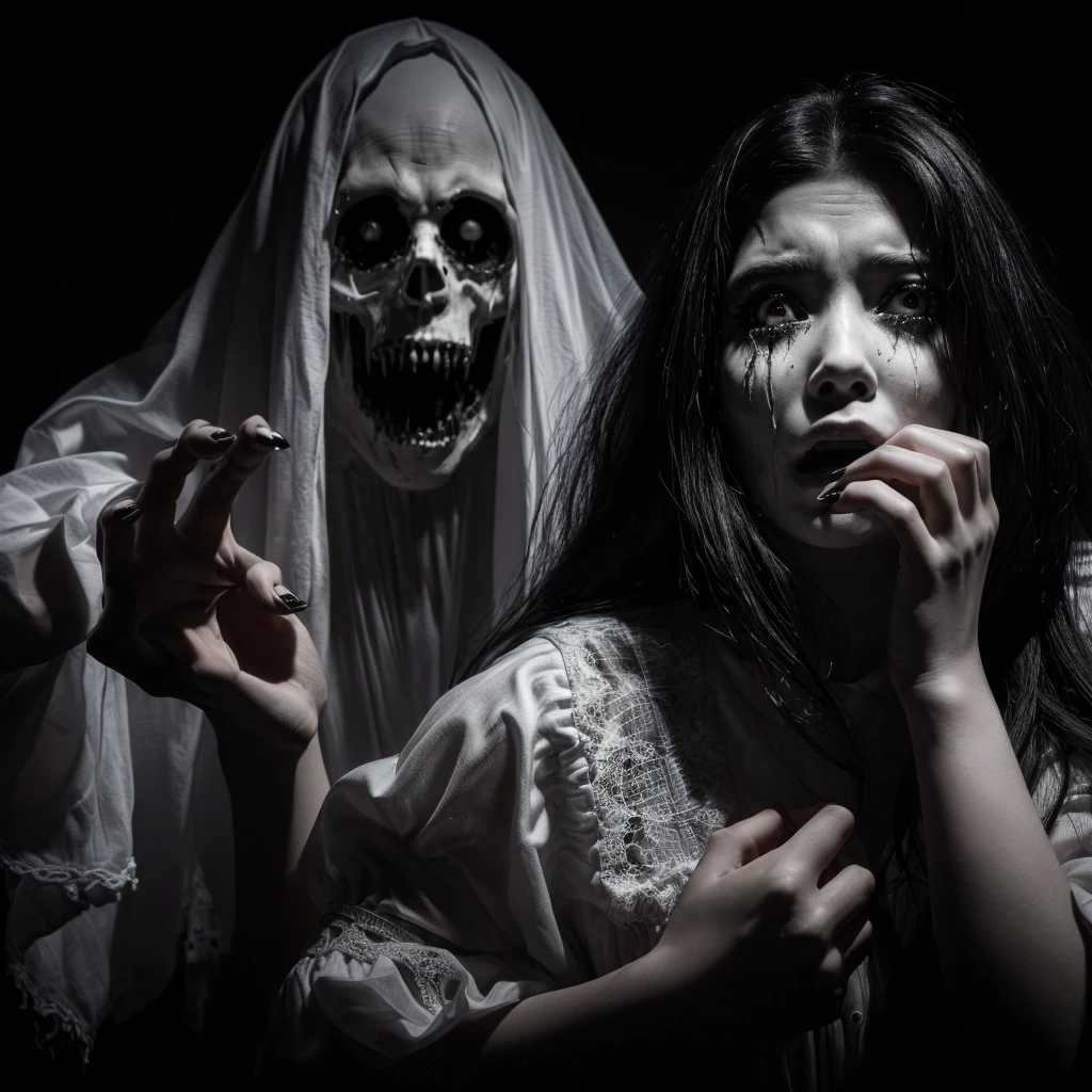 arafed woman in a white dress and a scary man in a black background, horror photo, scary picture, scary ghost, scaring, very scary photo, scary photo, haunted and sad expression, horror dramatic moment, horror image, scary pose, horror photography, haunted expression, haunted sad expression, scary, scary stories, horror movie scene, spiritual eerie creepy picture