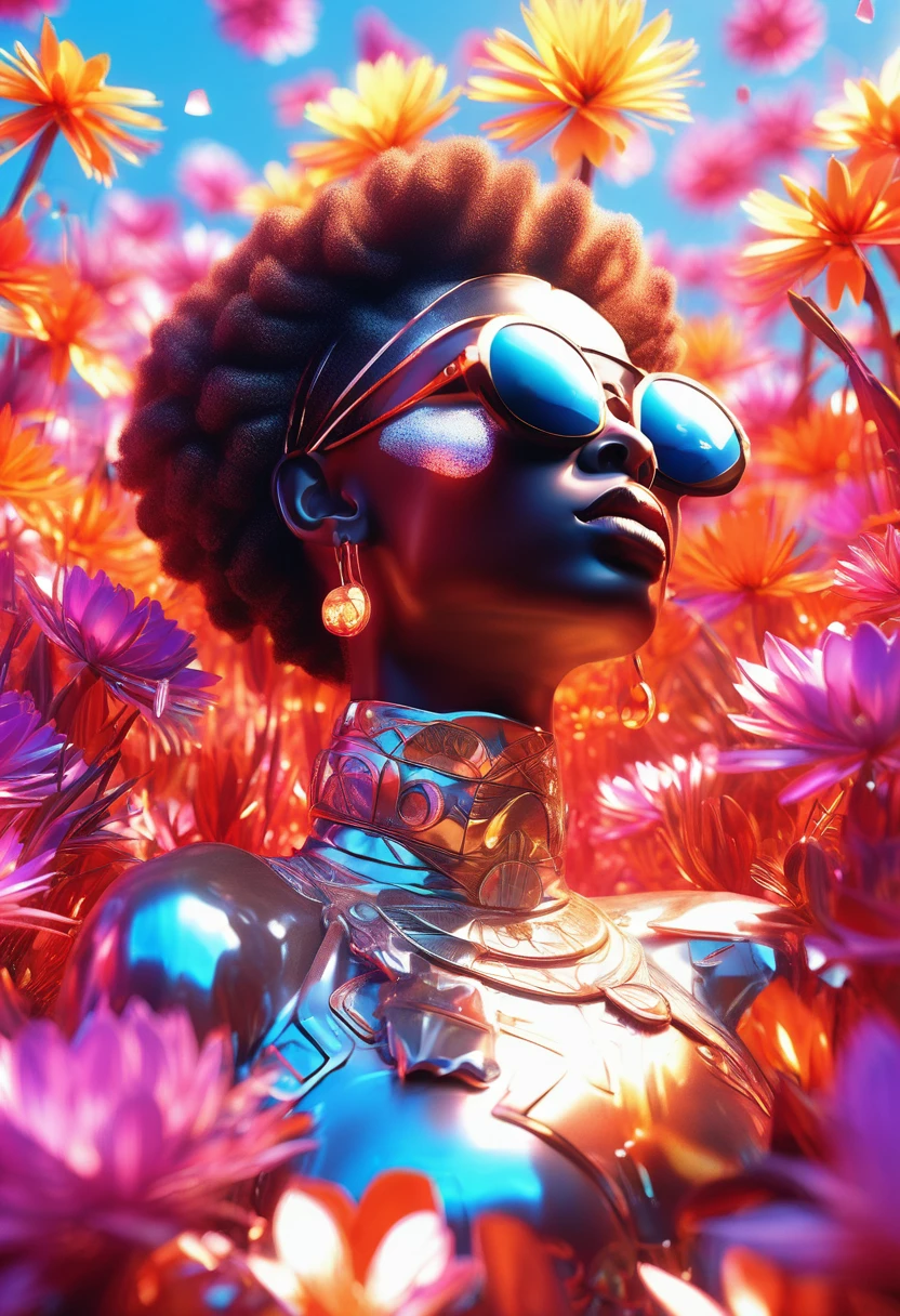 A luminescent 3D render of a black woman dressed in african attire and wearing sunglasses reclining amidst a kaleidoscopic garden of blossoming flowers, petals shimmering with an otherworldly glow, as dice fall from the sky, their scattered trajectory eerily reflected in the black woman's sunglasses, like a celestial omen. The image bursts with vibrant, exaggerated hues, reminiscent of Pixar's fantastical realms, illuminated by a dramatic ring light that underscores the surreal quality of this intergalactic oasis.