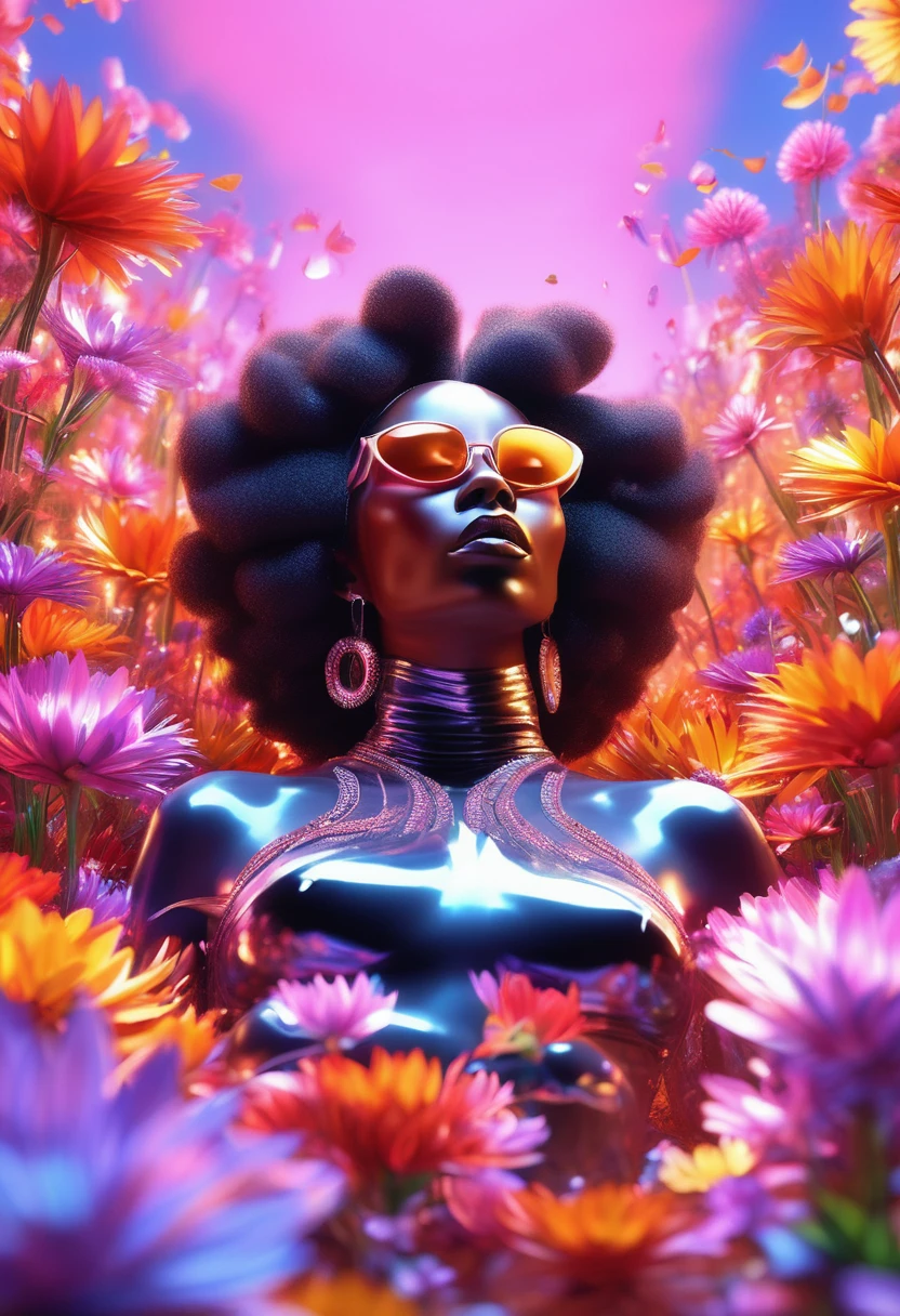 A luminescent 3D render of a black woman dressed in african attire and wearing sunglasses reclining amidst a kaleidoscopic garden of blossoming flowers, petals shimmering with an otherworldly glow, as dice fall from the sky, their scattered trajectory eerily reflected in the black woman's sunglasses, like a celestial omen. The image bursts with vibrant, exaggerated hues, reminiscent of Pixar's fantastical realms, illuminated by a dramatic ring light that underscores the surreal quality of this intergalactic oasis.