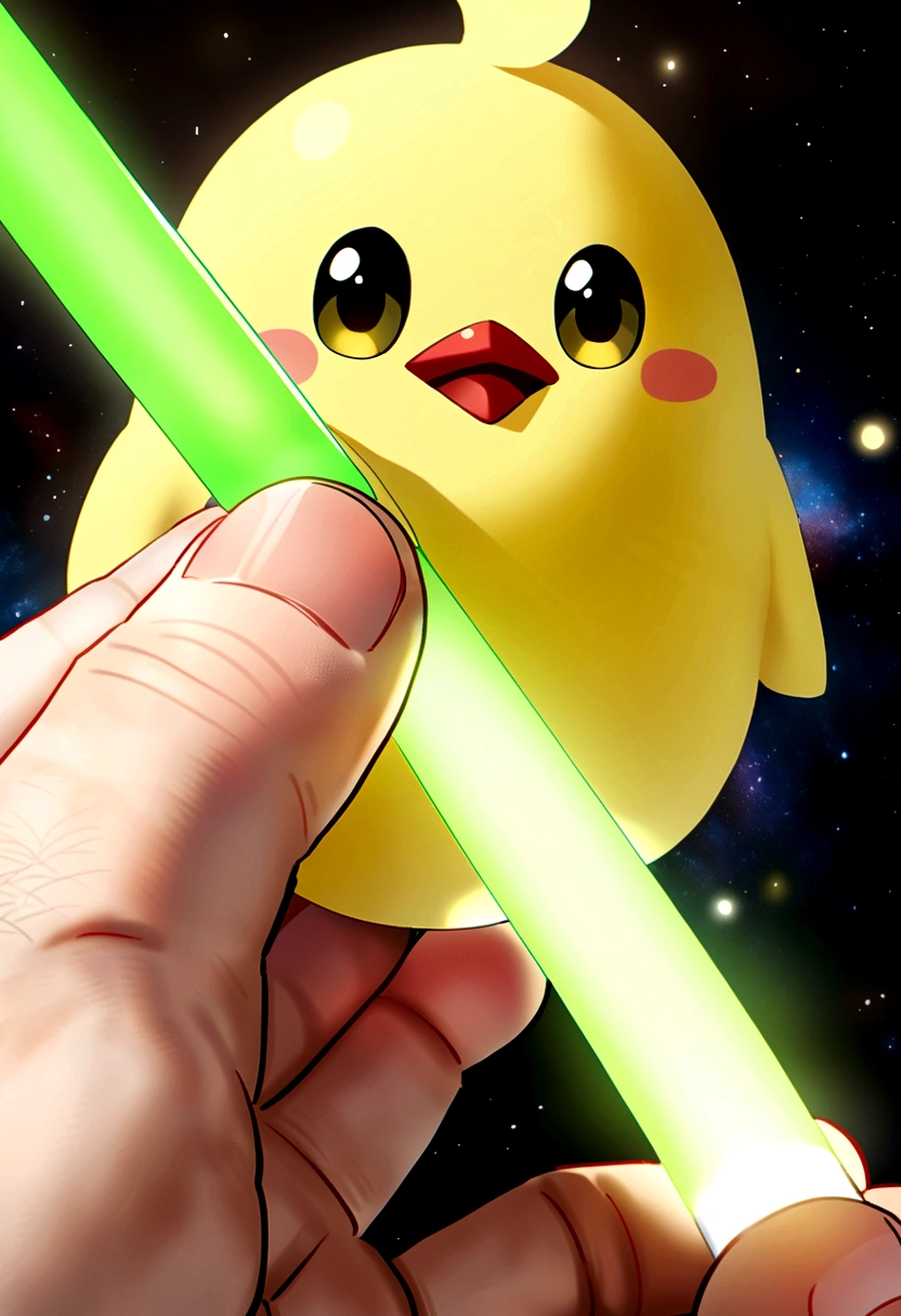 ((Cute little bird，Yellow body，Red Mouth，Chick))，Simple Background，Cute expression、Real、The green onions shine, space、Holding a leek lightsaber in his hand、