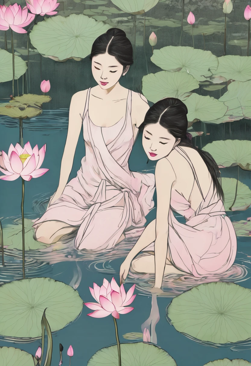 Sketches, lightly colored sketches, three young women bathing in a pond. Long stem lotus Short stems in many levels, pink and white lotus flowers look fun.