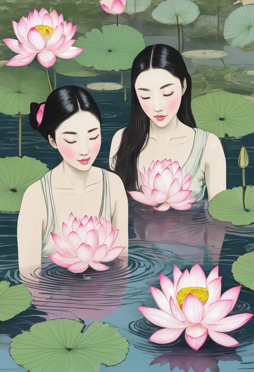 Sketches, lightly colored sketches, three young women bathing in a pond. Long stem lotus Short stems in many levels, pink and white lotus flowers look fun.