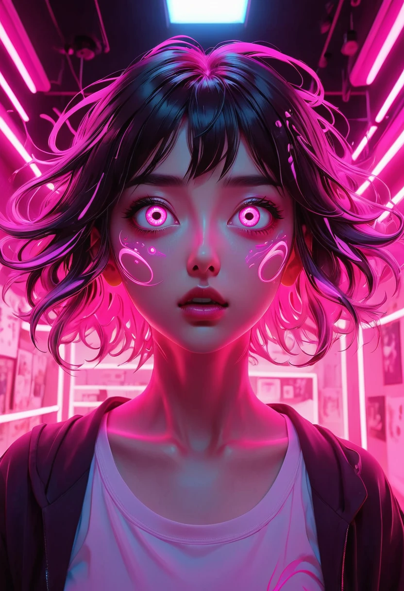 extra long shot, Epic ink bending shot, a crazy people, hollow eyes, an eye standing in bright pink light, fluorescent lighting, anime art, award winning work, 8k, ultra quailty, ultra details