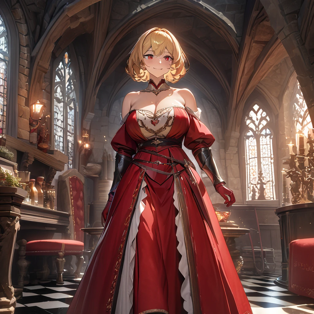 a woman wearing a sophisticated red dress, exposed shoulders, big breasts, blonde hair, short hair, red eyes, red gloves, red heels, smiling, walking in a sophisticated room with medieval aesthetics, medieval decor, shiny checkered floor.UHD , prime work , accurate , anatomically correct , textured skin , super details , high quality , best quality, 8k, high resolution, bokeh effect. (woman alone), close view
