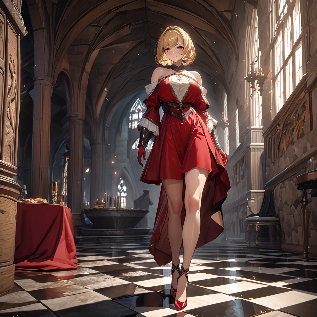 a woman wearing a sophisticated red dress, exposed shoulders, big breasts, blonde hair, short hair, red eyes, red gloves, red heels, smiling, walking in a sophisticated room with medieval aesthetics, medieval decor, shiny checkered floor.UHD , prime work , accurate , anatomically correct , textured skin , super details , high quality , best quality, 8k, high resolution, bokeh effect. (woman alone), close view