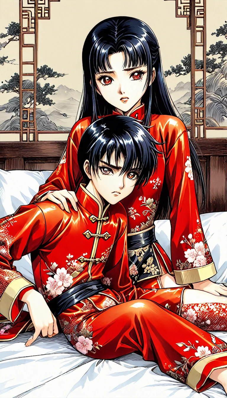 A tragic historical drama in 8k live-action style: Beautiful palace secrets　Beautiful 10 year old Chinese Kung Fu girl with long black hair has very rough unwanted sex with old man emperor　Gorgeous embroidery, Ultra glossy, She is wearing a shiny red top and bottom long sleeve floral pajama kung fu suit....　　She was laid down on a floral futon、When the penis is inserted, she cries and resists.。.　