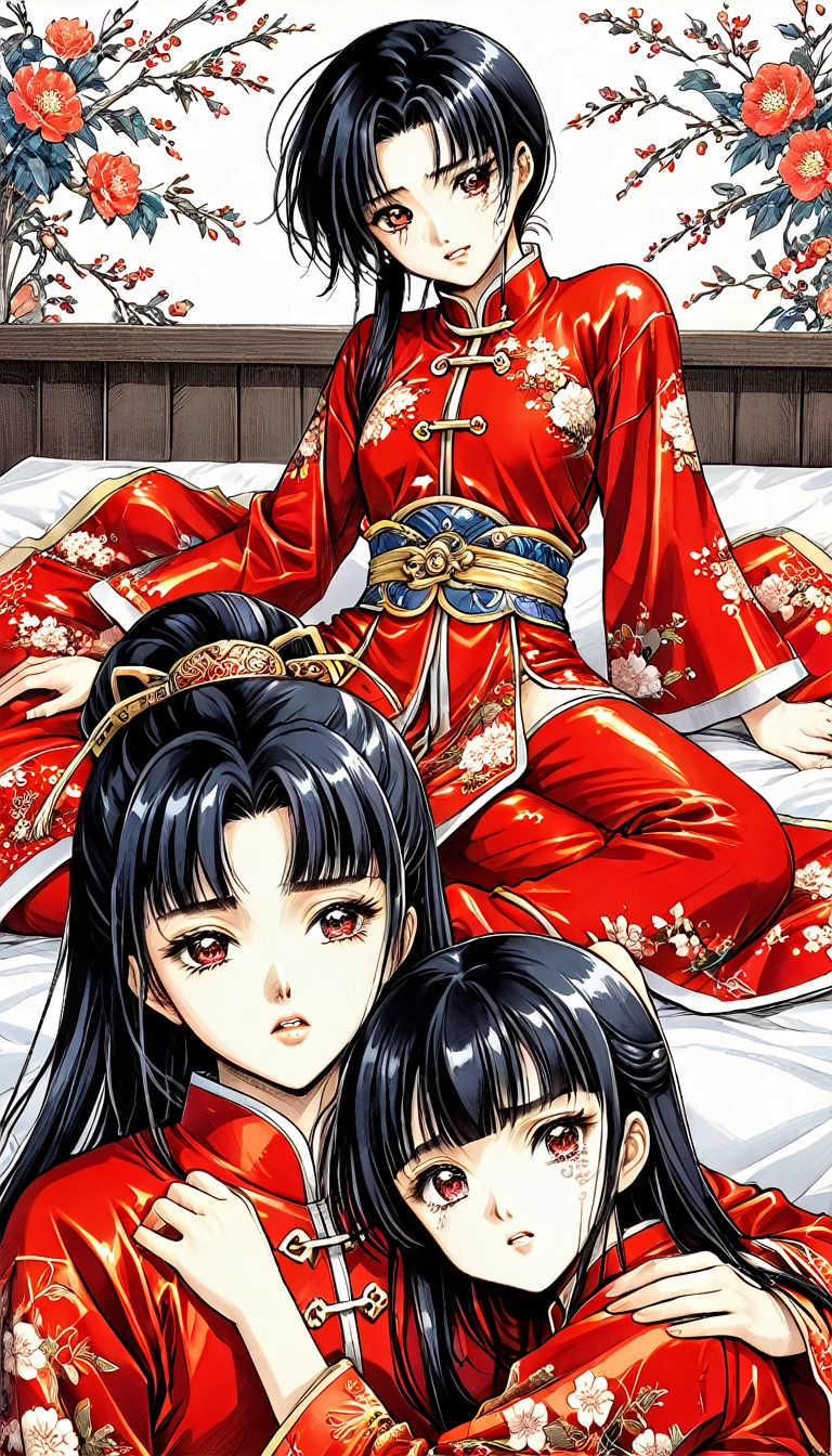 A tragic historical drama in 8k live-action style: Beautiful palace secrets　Beautiful 10 year old Chinese Kung Fu girl with long black hair has very rough unwanted sex with old man emperor　Gorgeous embroidery, Ultra glossy, She is wearing a shiny red top and bottom long sleeve floral pajama kung fu suit....　　She was laid down on a floral futon、When the penis is inserted, she cries and resists.。.　