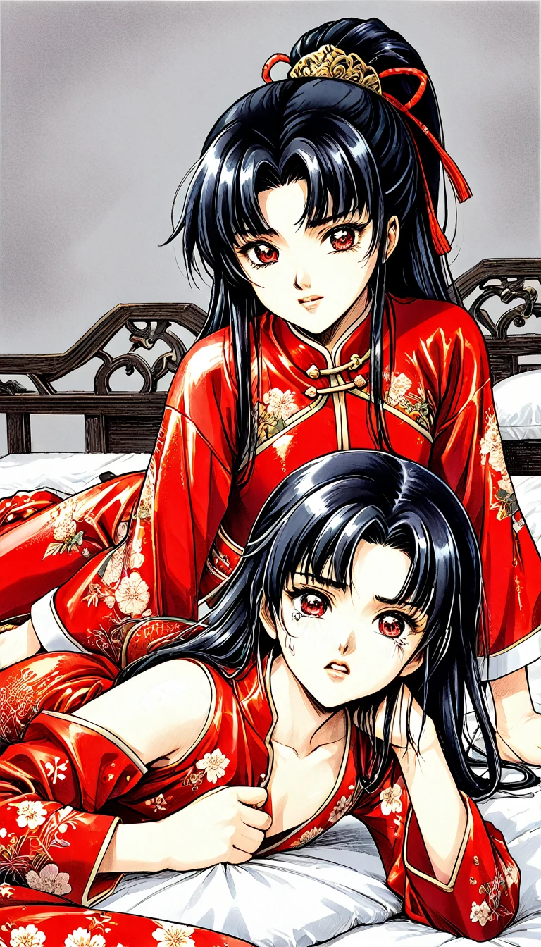 A tragic historical drama in 8k live-action style: Beautiful palace secrets　Beautiful 10 year old Chinese Kung Fu girl with long black hair has very rough unwanted sex with old man emperor　Gorgeous embroidery, Ultra glossy, She is wearing a shiny red top and bottom long sleeve floral pajama kung fu suit....　　She was laid down on a floral futon、When the penis is inserted, she cries and resists.。.　