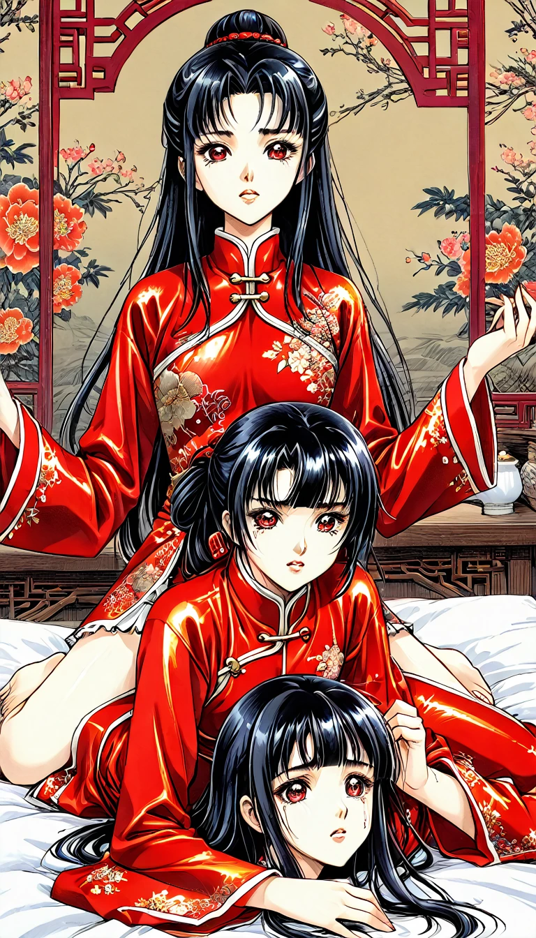 A tragic historical drama in 8k live-action style: Beautiful palace secrets　Beautiful  Chinese Kung Fu girl with long black hair has very rough unwanted sex with old man emperor　Gorgeous embroidery, Ultra glossy, She is wearing a shiny red top and bottom long sleeve floral pajama kung fu suit....　　She was laid down on a floral futon、When the penis is inserted, she cries and resists.。.　