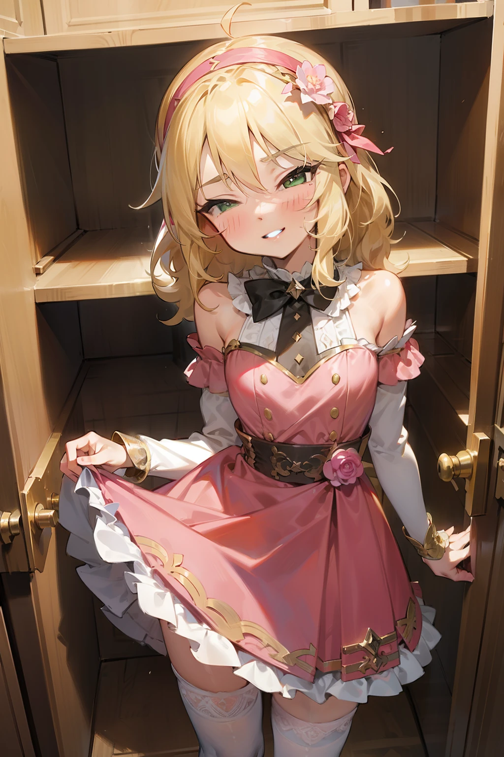 masterpiece,best quality, ultra-detailed,1girl(sakurai momoka, lovely small breasts, wavy hair,blonde hair, headband,  pink flower in hair,green eyes,  half-closed eyes), evil face, smirk, parted lips, 
facing viewer , looking at viewer, solo, gold dress(ornate dress), bare shoulders, frill, bows, white lace thighhighs, in the locker room, standing,  Sexy waist teasing, 
