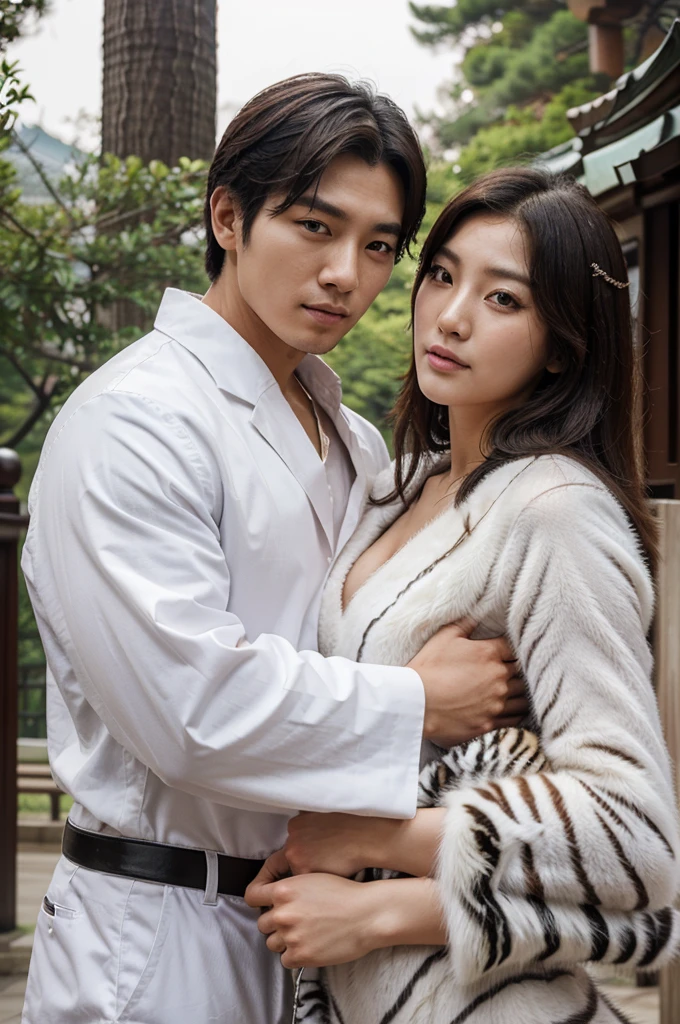 A handsome man from Korea with a beautiful woman from Korea with their two animals, a white tiger and a wolf