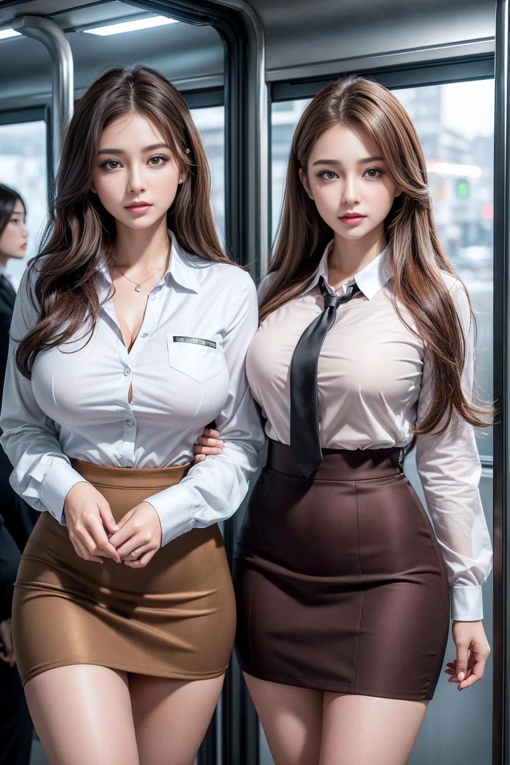 (2 girls), beautiful, Amazing face and eyes, brown hair,cosmetic, (Extremely delicate beautiful face), (The sexiest look), (beautiful big breasts:1.1), (best quality:1.4), (Ultra Detailed), (Extremely detailed CG unified 8k wallpaper), Very detailed, original photo, Professional photography, ((Business suit)), (tight skirt), (Open collar business shirt),Tokyo Subway、MRT、on the train、