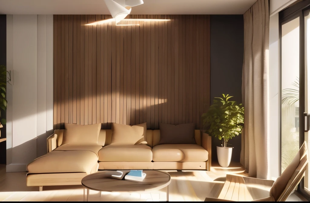 there is a LIVING ROOM WITH smooth panelling SOFA, wood panel walls IN IT, modern minimalist f 2 0 clean, very realistic 3 d render, modern minimalist f 2 0, realistic physical rendering, hyper realistic style, interior living room, modern and minimalist, wood accents, hyper realistic detailed render, excellent 3d render, realistic 3 d style
