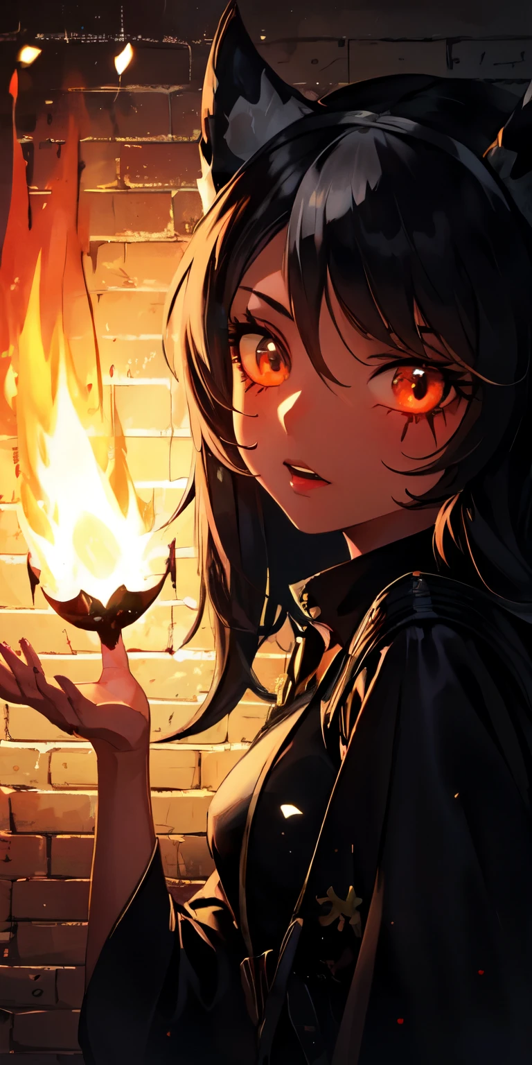 1 girl, Bblack hair, Eyes red, fire witch, bloodstains, Light particles, lightrays, wall-paper, hight contrast, colorfully,