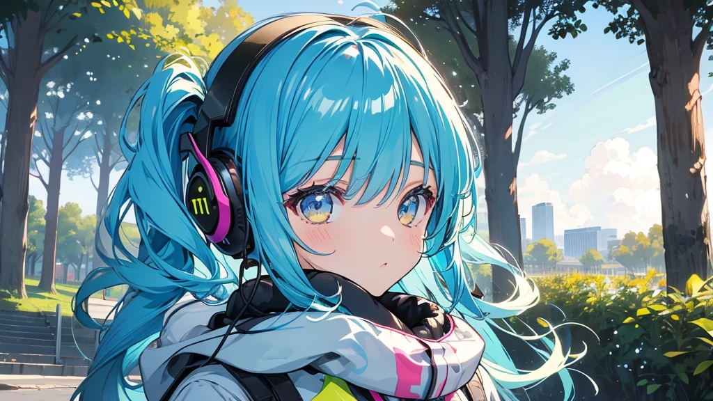 Girl wearing headphones in the park。Colorful Hair。Twin tails。