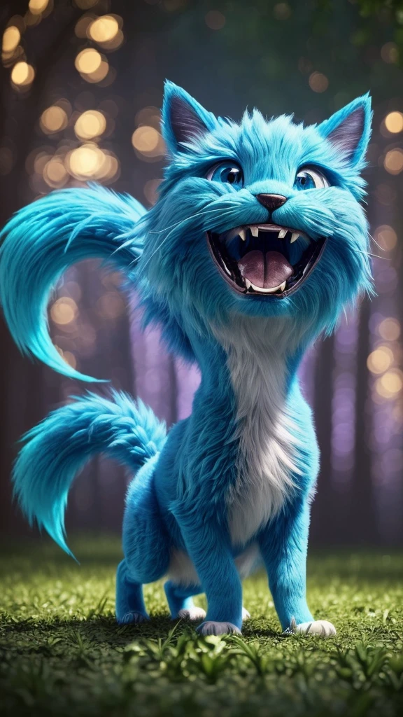 (A small, A playful creature named Jidgy, Furry turquoise body, Round glowing eyes, Messy hair, Long, bushy tail，With various shades of blue, A big smile，White and sharp teeth, Vibrant movement, Dancing in a vibrant forest setting of lush green foliage and bright flowers, best quality, 4K, 8K, high resolution, masterpiece:1.2, Extremely detailed, Practical, photoPractical:1.37, Human Development Report, Ultra HD, Studio Lighting, Super Fine, Clear focus, Physically Based Rendering, Extremely detailed的描述, professional, Bright colors, fantasy, The art of math)