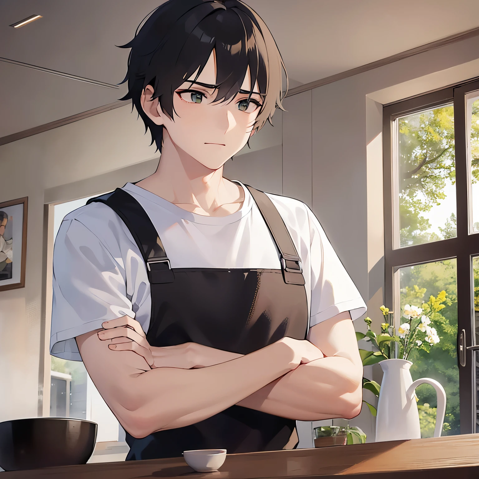 upper body,(looking away:1.5),shiny skin,masterpiece、Highest quality、(25-year-old male:1.5) and (Brown short hair) and (Green Eyes),(whiteTshirt:1.5),The background is the living room,(alone:1.5)、Troubled face,apron、Arms crossed