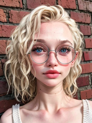 dynamic close-up of the upper part of 1 Extremely slim and beautiful albino woman with freckles, perfect body, shapely face, skin with highly detailed depth, she stands Against a brick wall, (haircut, wavy blonde hair), (detailed eyes, large, bright, light brown eyes, curled eyelashes, large glasses), (making a sensual pout with her mouth), wearing a short sweater showing off her shoulders, ultra realistic image, vibrating and spiky, dynamic vision, high quality 32k, hyper- realistic, cinematic.