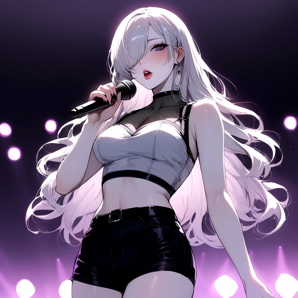Girl, K-pop, idol, singing, stage, purple lights, beautiful, ethereal, Korean, hot, girl crush concept, pale skin, defined lips, curves, face focus, wink, korean, albino, gray eyes, crop top, shorts, slim, pretty, delicate, sexy, seductive, microphone, playful, solo, (Hair Over One Eye), short hair, feminine