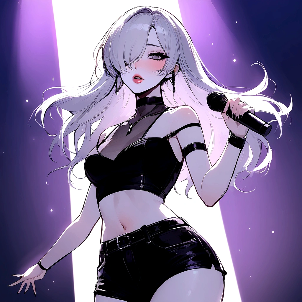 Girl, K-pop, idol, singing, stage, purple lights, beautiful, ethereal, Korean, hot, girl crush concept, pale skin, defined lips, curves, face focus, wink, korean, albino, gray eyes, crop top, shorts, slim, pretty, delicate, sexy, seductive, microphone, playful, solo, (Hair Over One Eye), short hair, feminine