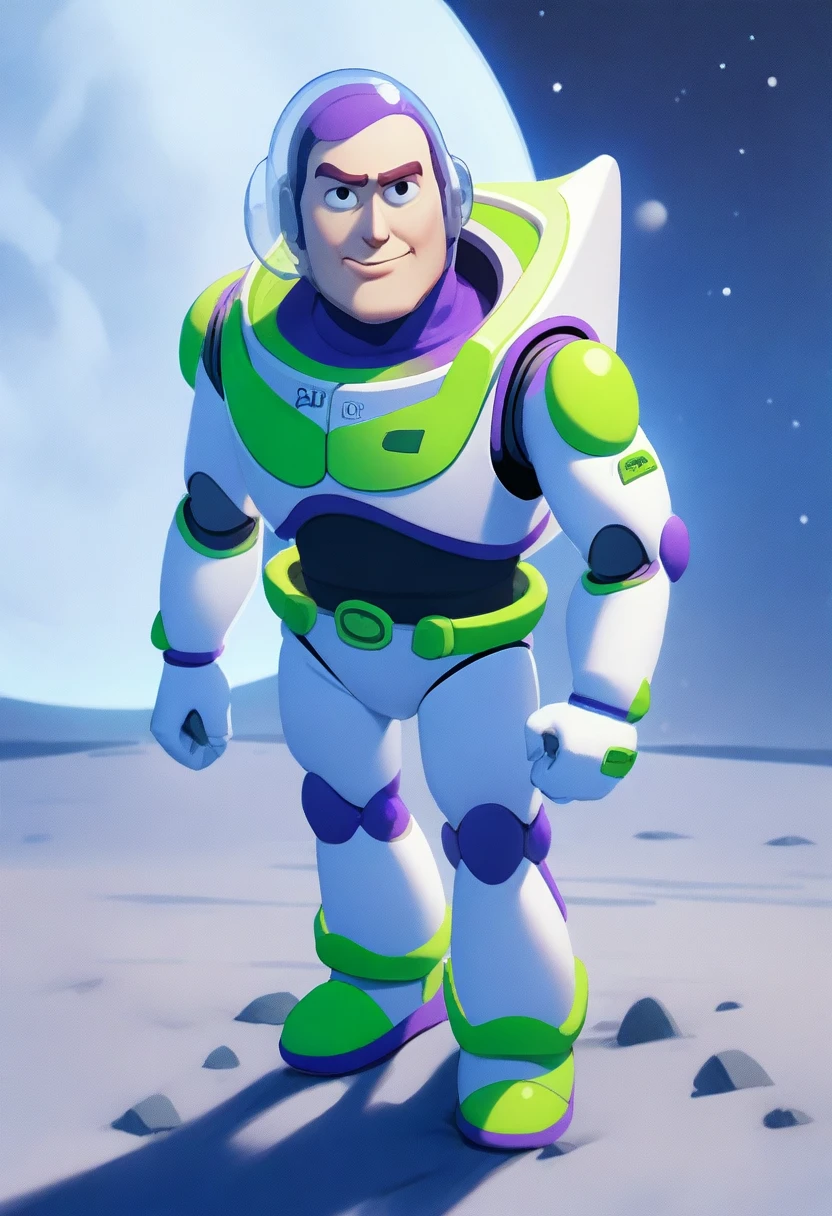 1boy, male focus, buzz lightyear, toy story, full body shot, large glass helmet, on the moon, masterpiece, best quality, very aesthetic, absurdres