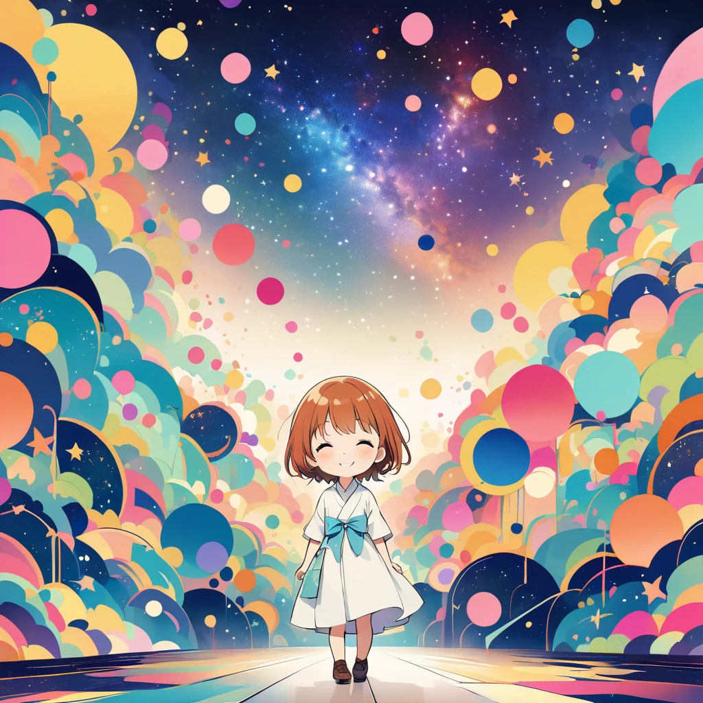 Watase Seizo style, Standing in front of a high wall,Simple line initials,Abstract art,Galactic Universe Background, Tanabata.milky way、((Orihime and Hikoboshi):1)、A radiant smile、Smile、Star of the sky
