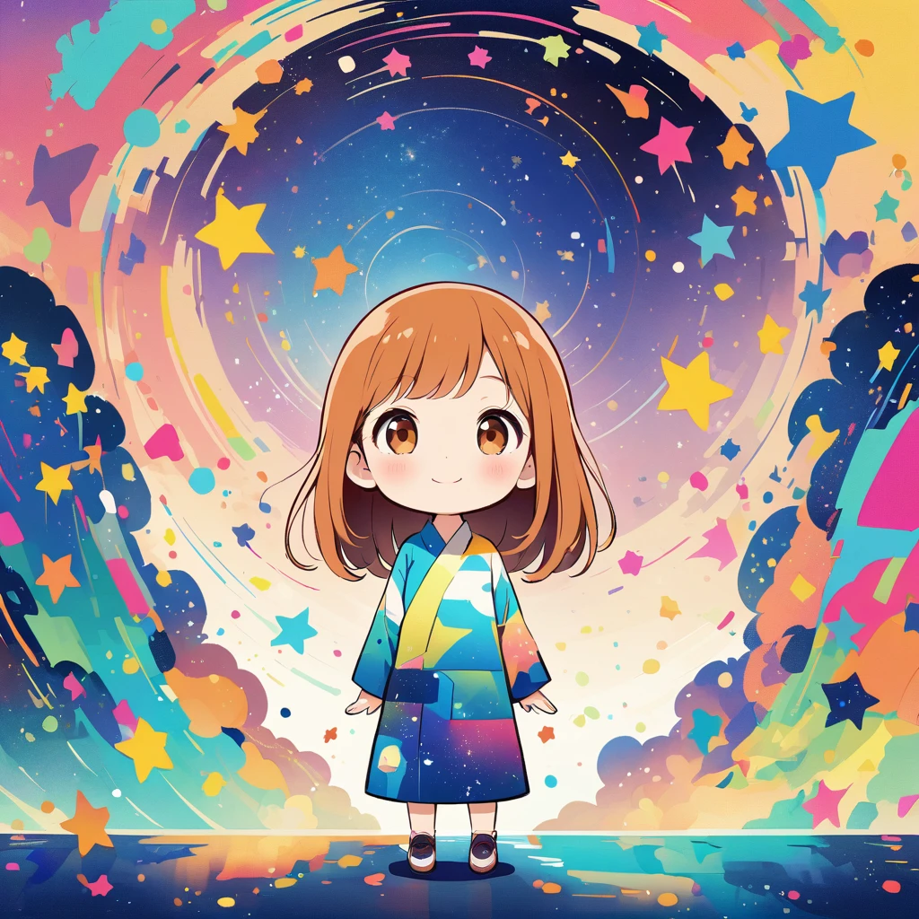 Watase Seizo style, Standing in front of a high wall,Simple line initials,Abstract art,Galactic Universe Background, Tanabata.milky way、((Orihime and Hikoboshi):1)、A radiant smile、Smile、Star of the sky