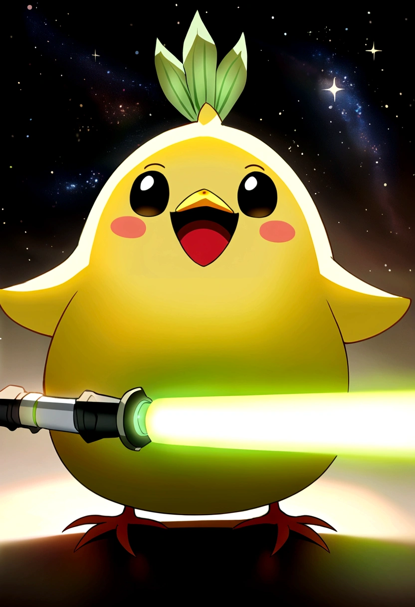 ((Cute little bird，Yellow body，Red Mouth，Chick))，Simple Background，Cute expression、Real、The green onions shine, space、Holds a leek lightsaber、