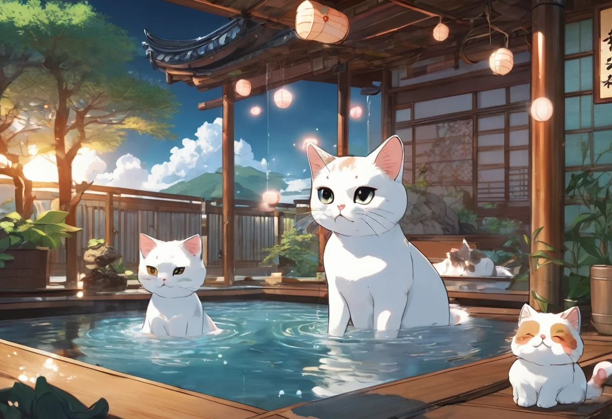 A fluffy white cat and a young girl with big, expressive eyes and long hair tied in a bun are relaxing in an outdoor onsen. The cat has a tiny towel on its head, blowing bubbles and playfully splashing, while the girl, wearing a traditional yukata, laughs and gently pets the cat. The scene features vibrant, anime-style art with warm, soft lighting, surrounded by lush greenery, cartoon-style rocks, bamboo, and gentle steam, creating a fun and whimsical atmosphere.