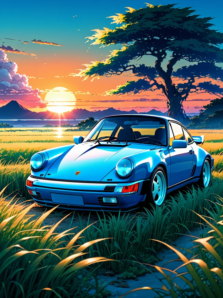 anime landscape of A pearl super deep sea blue classic 1992 Porsche 964 sport sits in a field of tall grass with a sunset in the background.beautiful anime scene, beautiful anime peace scene, Makoto Shinkai Cyril Rolando, beautiful anime scene, amazing wallpaper, anime art wallpaper 8k, anime background, artistic anime background, anime wallpaper 4k, anime art 4k wallpaper, anime wallpaper art 4k,