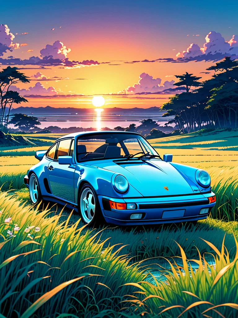 anime landscape of A pearl super deep sea blue classic 1992 Porsche 964 sport sits in a field of tall grass with a sunset in the background.beautiful anime scene, beautiful anime peace scene, Makoto Shinkai Cyril Rolando, beautiful anime scene, amazing wallpaper, anime art wallpaper 8k, anime background, artistic anime background, anime wallpaper 4k, anime art 4k wallpaper, anime wallpaper art 4k,