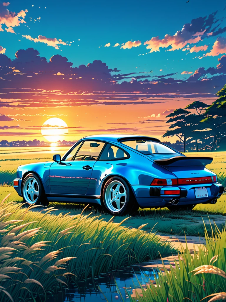 anime landscape of A pearl super deep sea blue classic 1992 Porsche 964 sport sits in a field of tall grass with a sunset in the background.beautiful anime scene, beautiful anime peace scene, Makoto Shinkai Cyril Rolando, beautiful anime scene, amazing wallpaper, anime art wallpaper 8k, anime background, artistic anime background, anime wallpaper 4k, anime art 4k wallpaper, anime wallpaper art 4k,