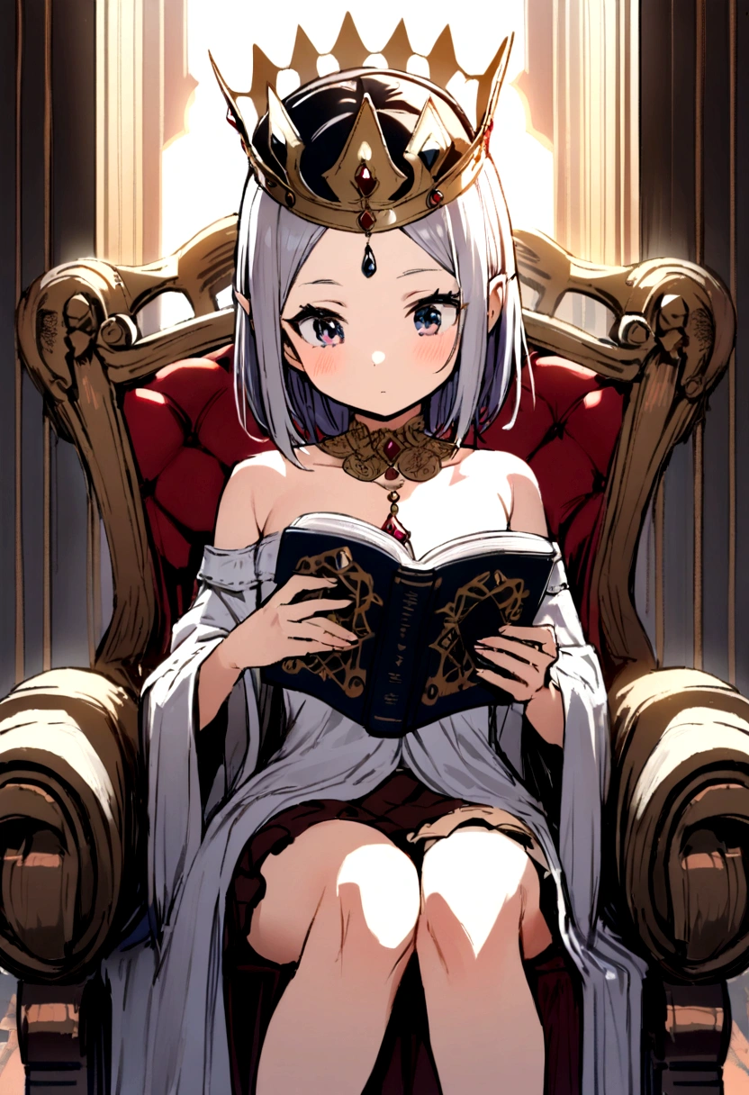 1 girl, smallbreast, wearing a simple queen crown, wearing casual clothing,sitting boldly on a throne, reading a book ..