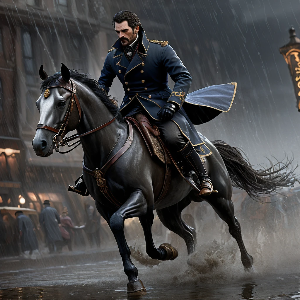 Game characters the order 1886, gloomy style, paisagem sombria,It rains heavily,Sir Galahad in overcoat