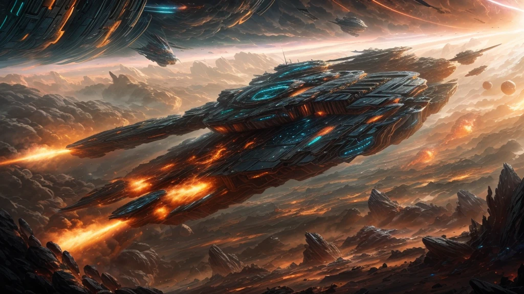 a huge epic sci-fi space battle scene, alien spacecraft, massive explosions, detailed futuristic spaceships, advanced alien technology, intense space combat, dramatic lighting, cinematic angle, intricate machinery, glowing energy fields, metallic textures, dramatic camera angle, epic scale, highly detailed, photorealistic, 8k, award-winning sci-fi concept art, moody color palette, dramatic chiaroscuro lighting