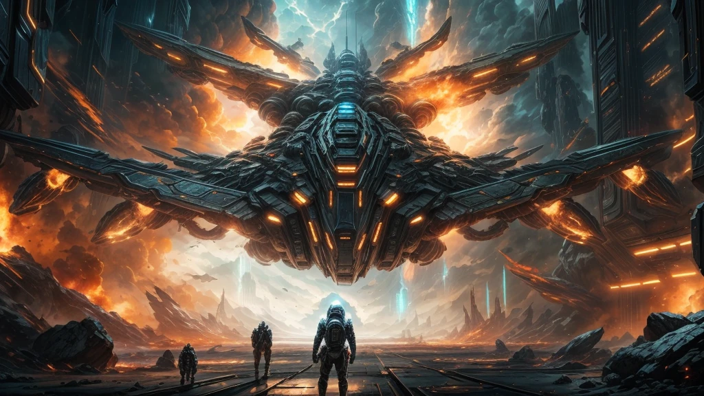 a huge epic sci-fi space battle scene, alien spacecraft, massive explosions, detailed futuristic spaceships, advanced alien technology, intense space combat, dramatic lighting, cinematic angle, intricate machinery, glowing energy fields, metallic textures, dramatic camera angle, epic scale, highly detailed, photorealistic, 8k, award-winning sci-fi concept art, moody color palette, dramatic chiaroscuro lighting