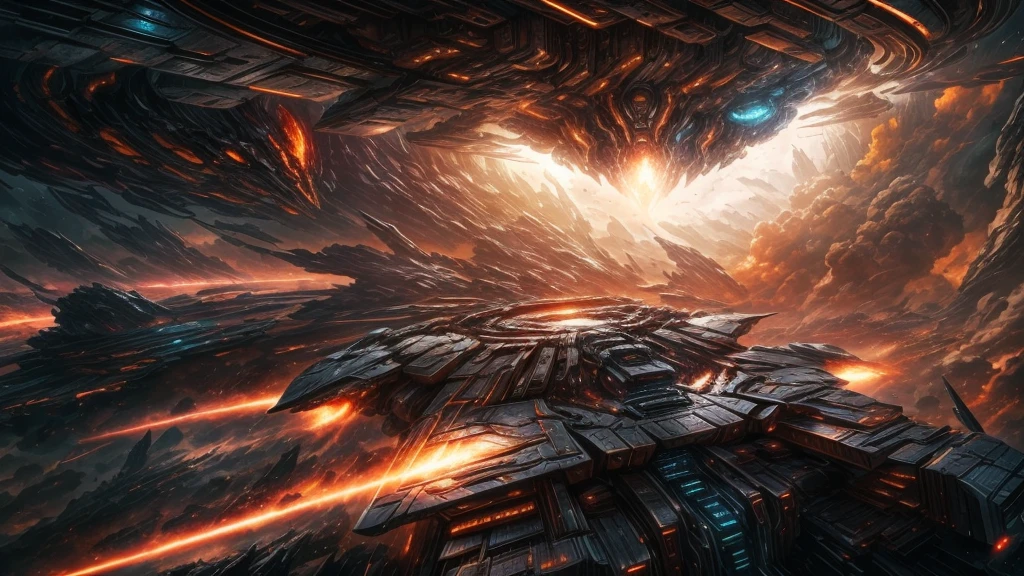Epic sci-fi space battle scenes, alien spaceships, many small craft launching from large ships, phaser beams firing, attacking Earth's cities, people fleeing, dramatic lighting, cinematic angles, complex machinery, glowing energy fields, metallic textures, dramatic camera angles, epic scale, highly detailed, photorealistic, 8k, award-winning sci-fi concept art, moody color palette,