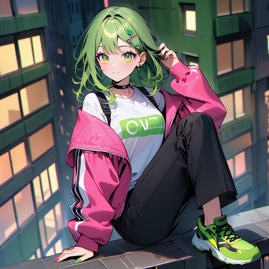(well done: 1) woman, shoulder-length, slightly wavy green hair with green tips, green barrette in her hair, green eyes, black choker, green and pink nails, white shirt, pink jacket with green details, black pants, green sneakers. sitting on top of a building.