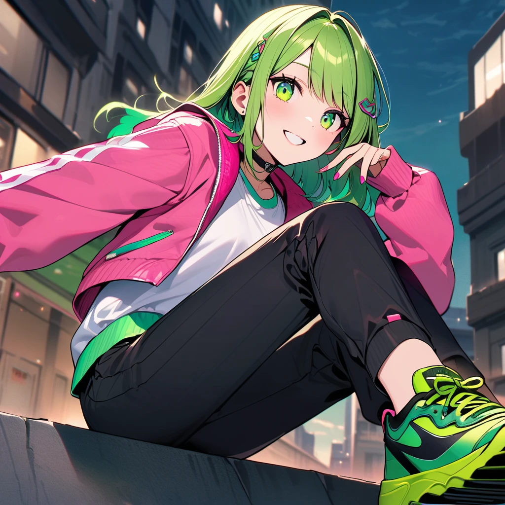 (well done: 1) woman, shoulder-length, slightly wavy green hair with green tips, green barrette in her hair, green eyes, black choker, green and pink nails, white shirt, pink jacket with green details, black pants, green sneakers. sitting on top of a building.